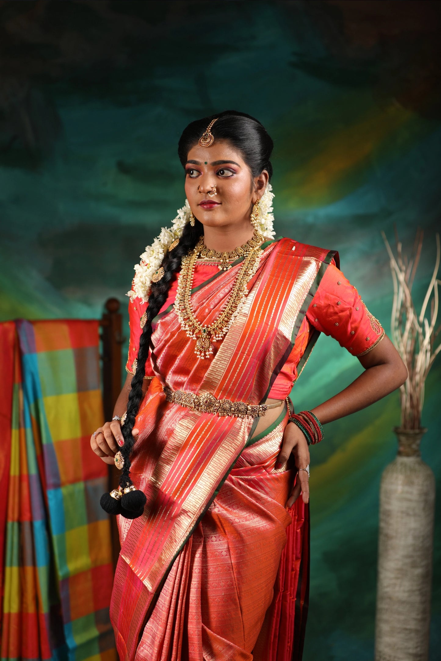 Traditional Coral Pink Silk Saree