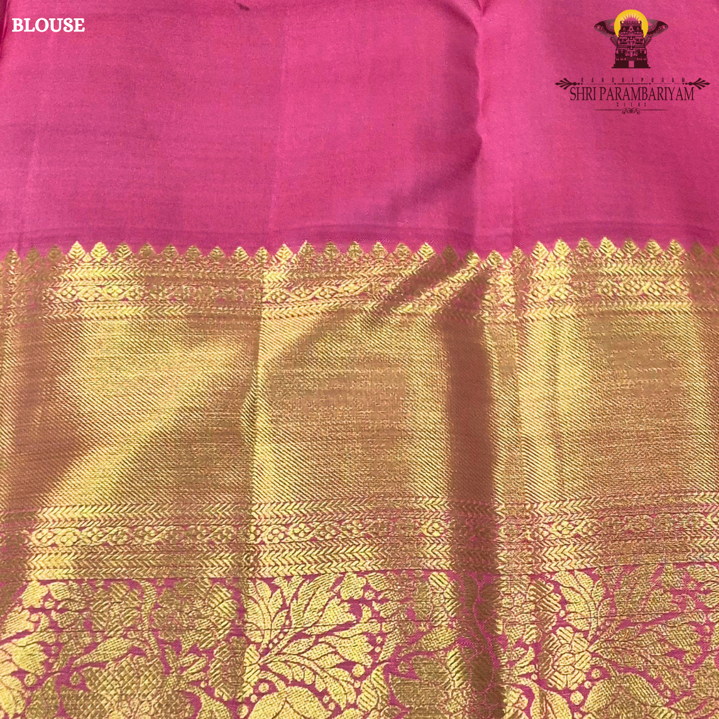 A vibrant bubblegum pink / rose pink body paired with a rich golden zari pallu and border Saree