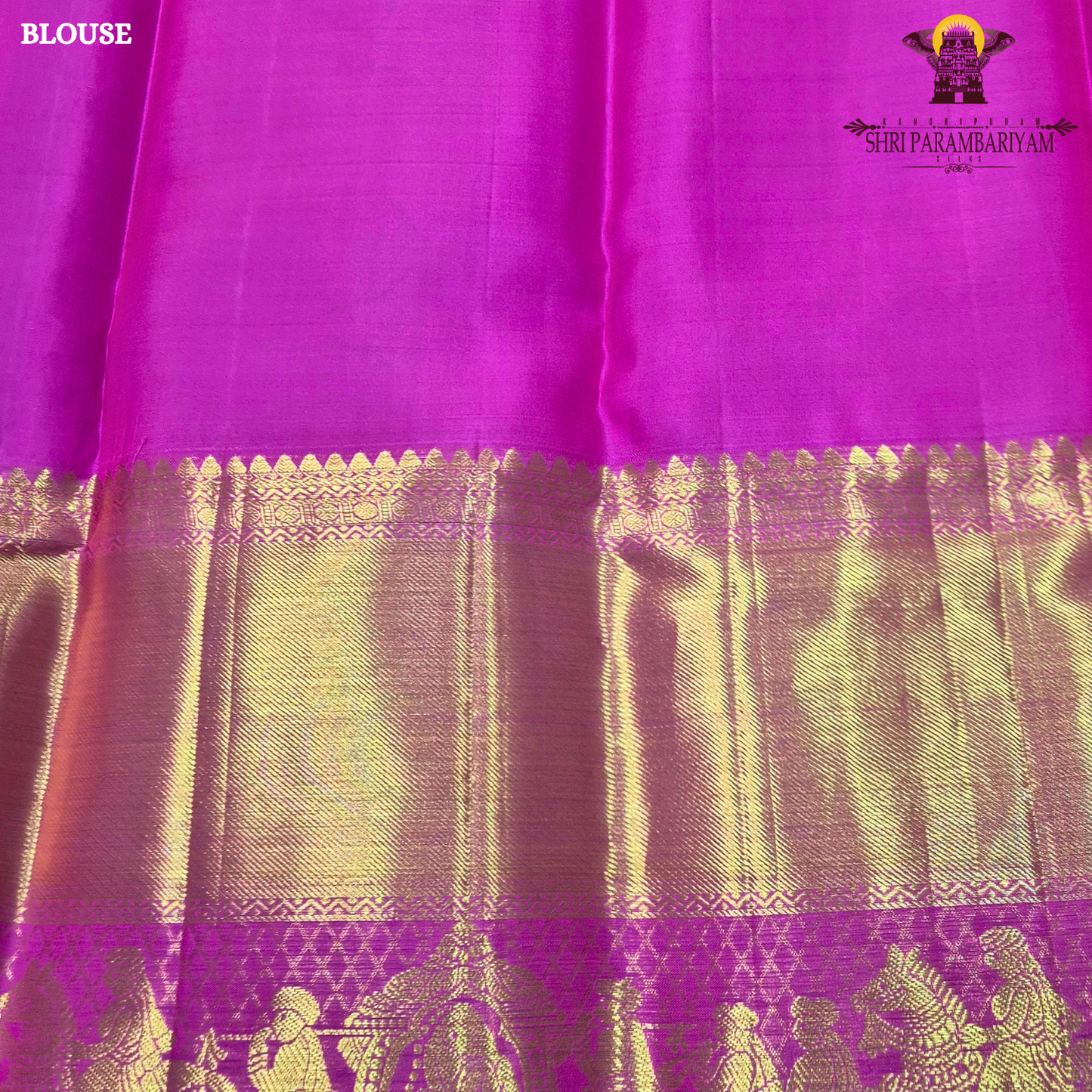 A graceful peachy gold (soft rose gold) body paired with a rich rani pink (bright magenta) Saree