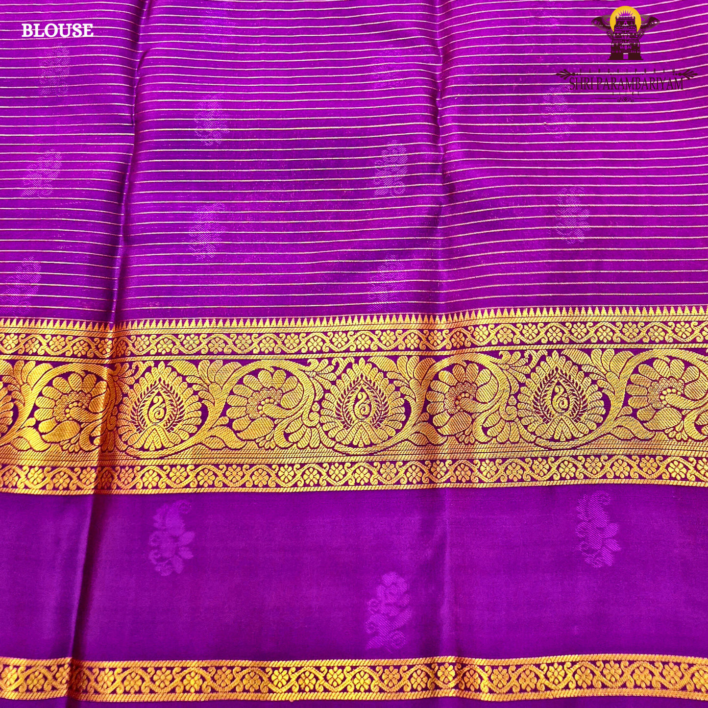 Deep bottle green body with rich royal purple contrast pallu and antique gold zari Saree