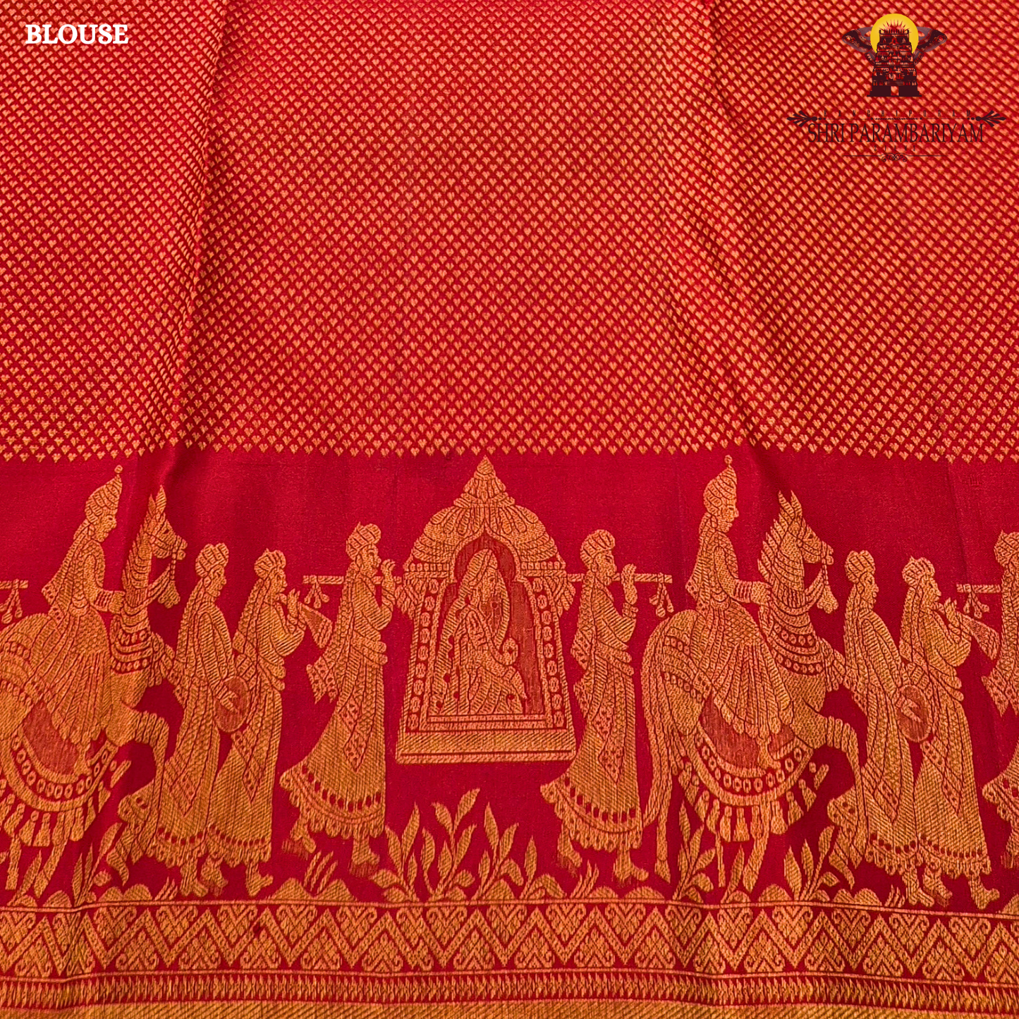 A vibrant bridal red color beautifully enhanced with rich gold zari weaving Saree