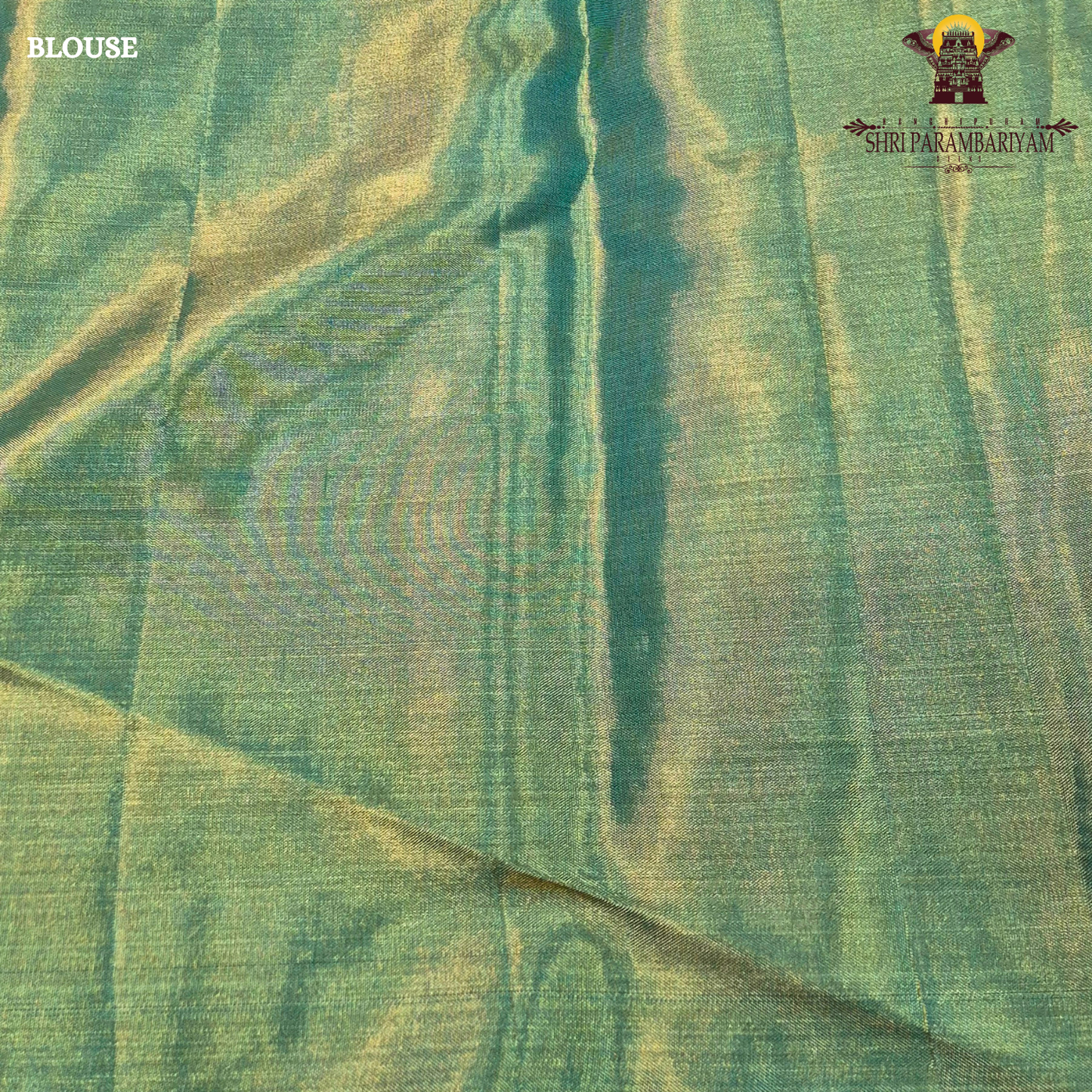 A refreshing leaf green / pastel green tissue base with a soft golden sheen Saree