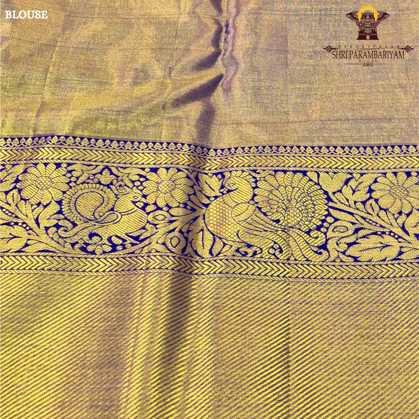 Elegant antique gold / muted gold with a rich royal blue border Saree
