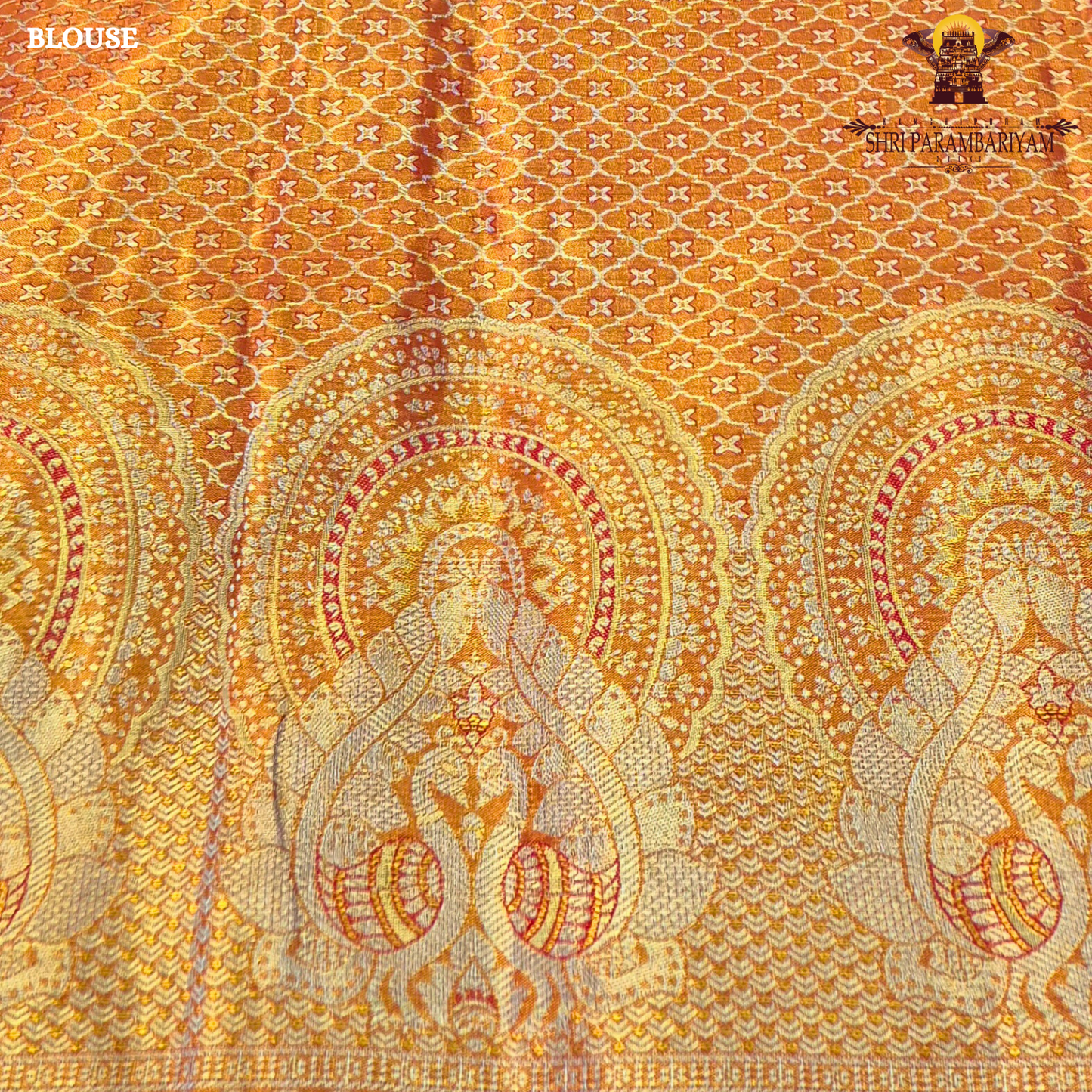 A bright mustard yellow / turmeric yellow tissue base paired with a rich rust orange Saree