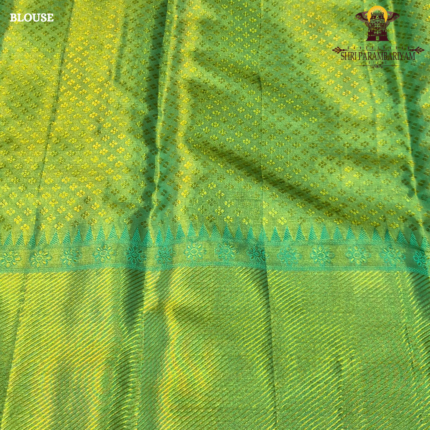 A vibrant parrot green body beautifully blended with a shimmering golden tissue finish Saree