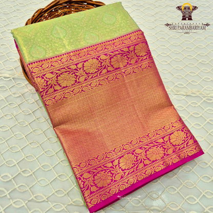 A graceful blend of pastel green (pista green) and warm gold, beautifully Saree