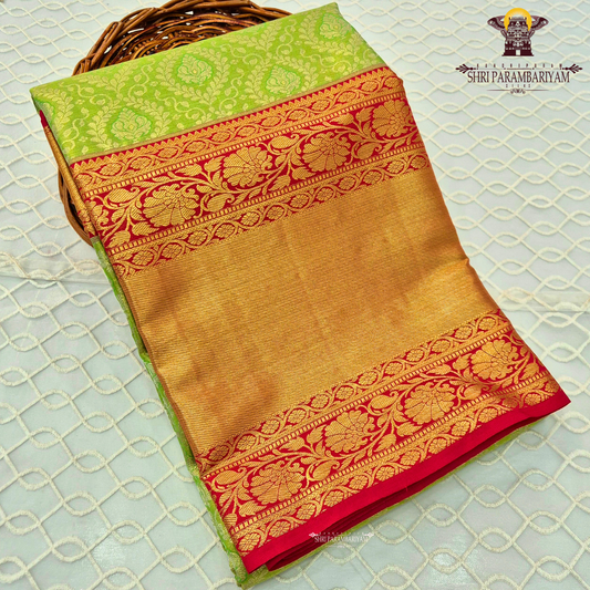 A vibrant combination of parrot green and rich gold Saree