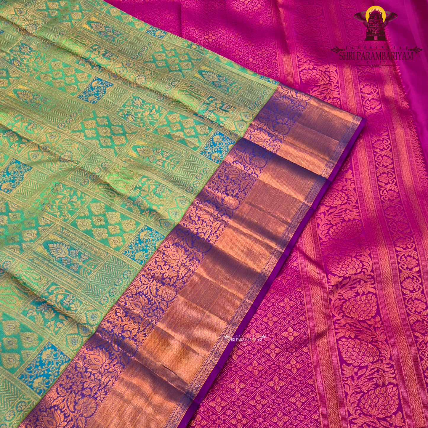 A fresh parrot green body with a contrasting rich purple border and pallu Saree