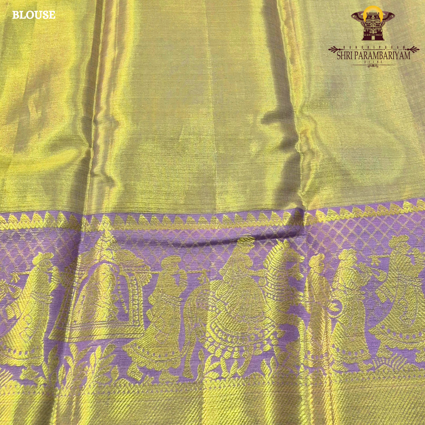A beautiful lavender / lilac base paired with a rich golden zari pallu, enhanced by a multicolor border Saree