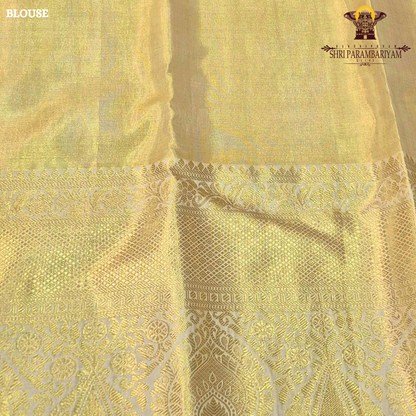 A soft champagne gold / pale gold tissue body with a subtle ivory undertone Saree