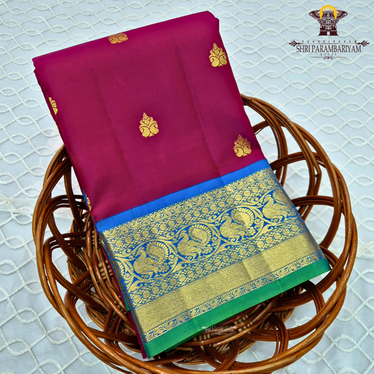 Deep Rani Pink / Maroonish Pink body with Royal Blue border and Green edge Saree