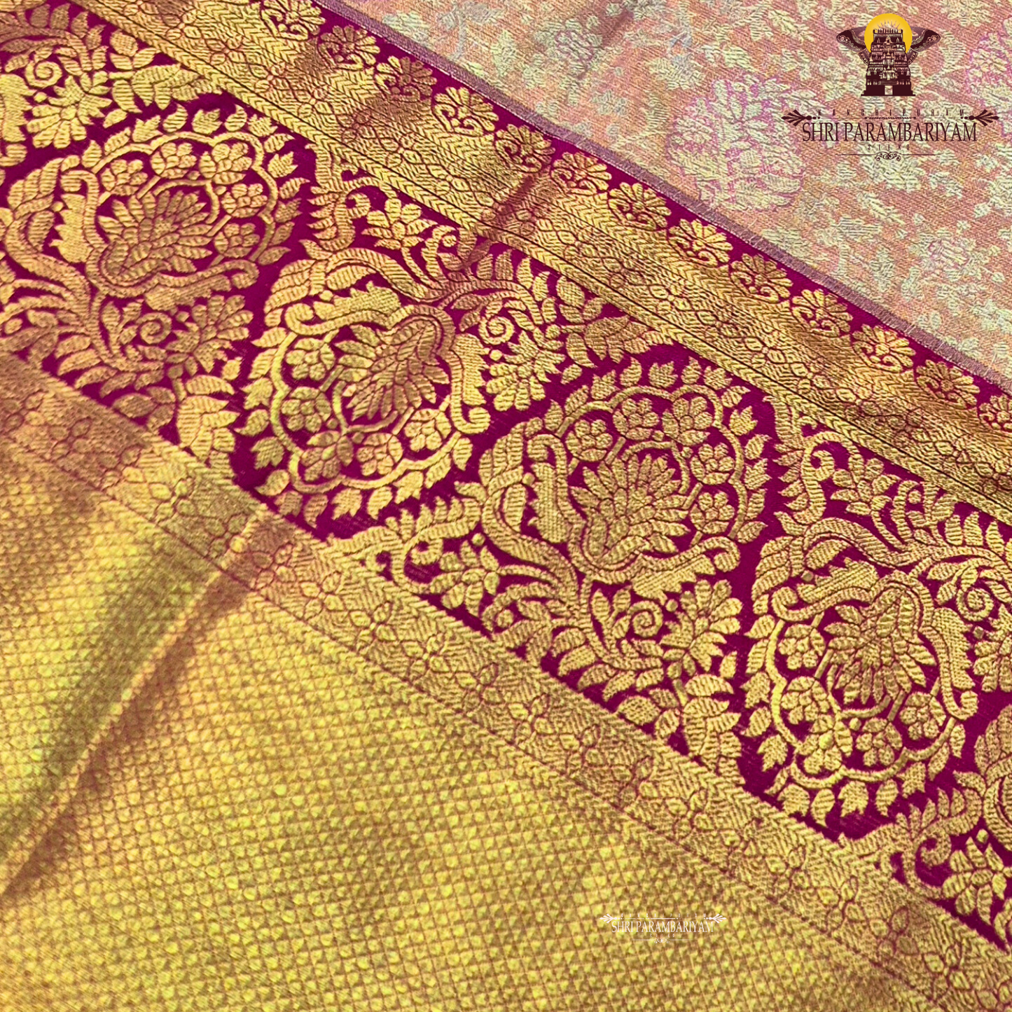 A soft peach tissue body paired with a rich magenta border Saree