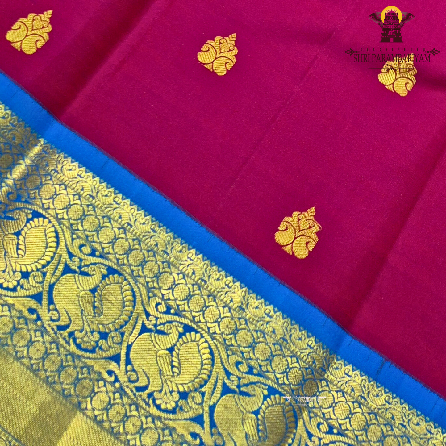 Deep Rani Pink / Maroonish Pink body with Royal Blue border and Green edge Saree
