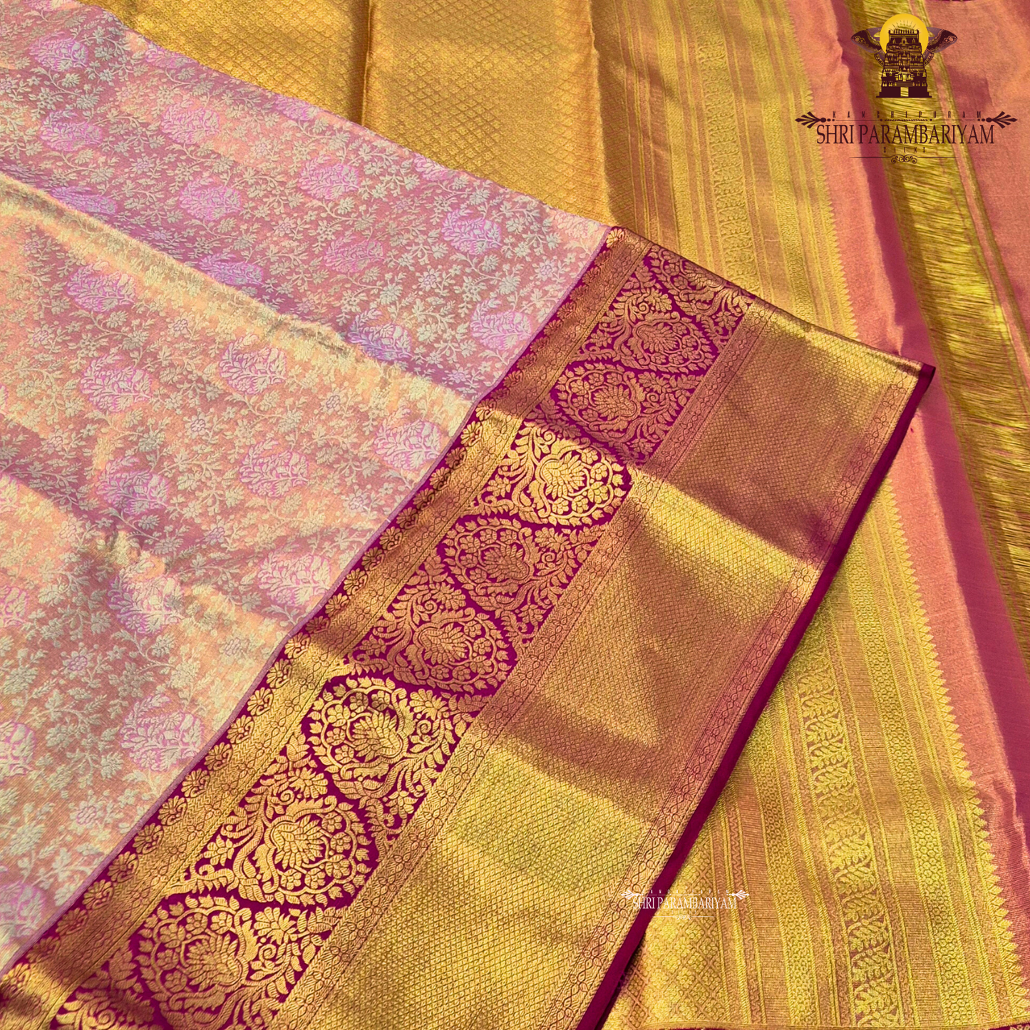 A soft peach tissue body paired with a rich magenta border Saree