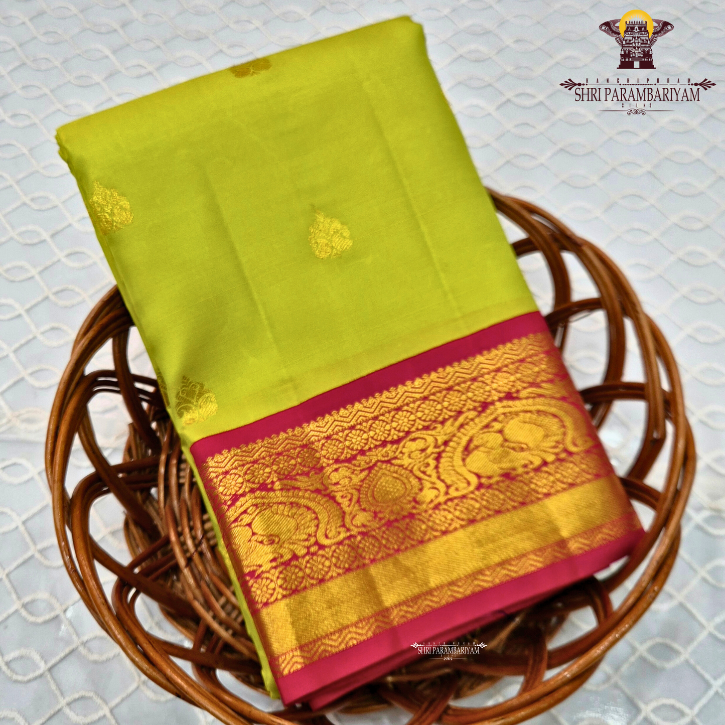 A vibrant parrot green body adorned with subtle Saree
