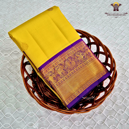 A bright turmeric yellow body adorned with elegant gold zari Saree