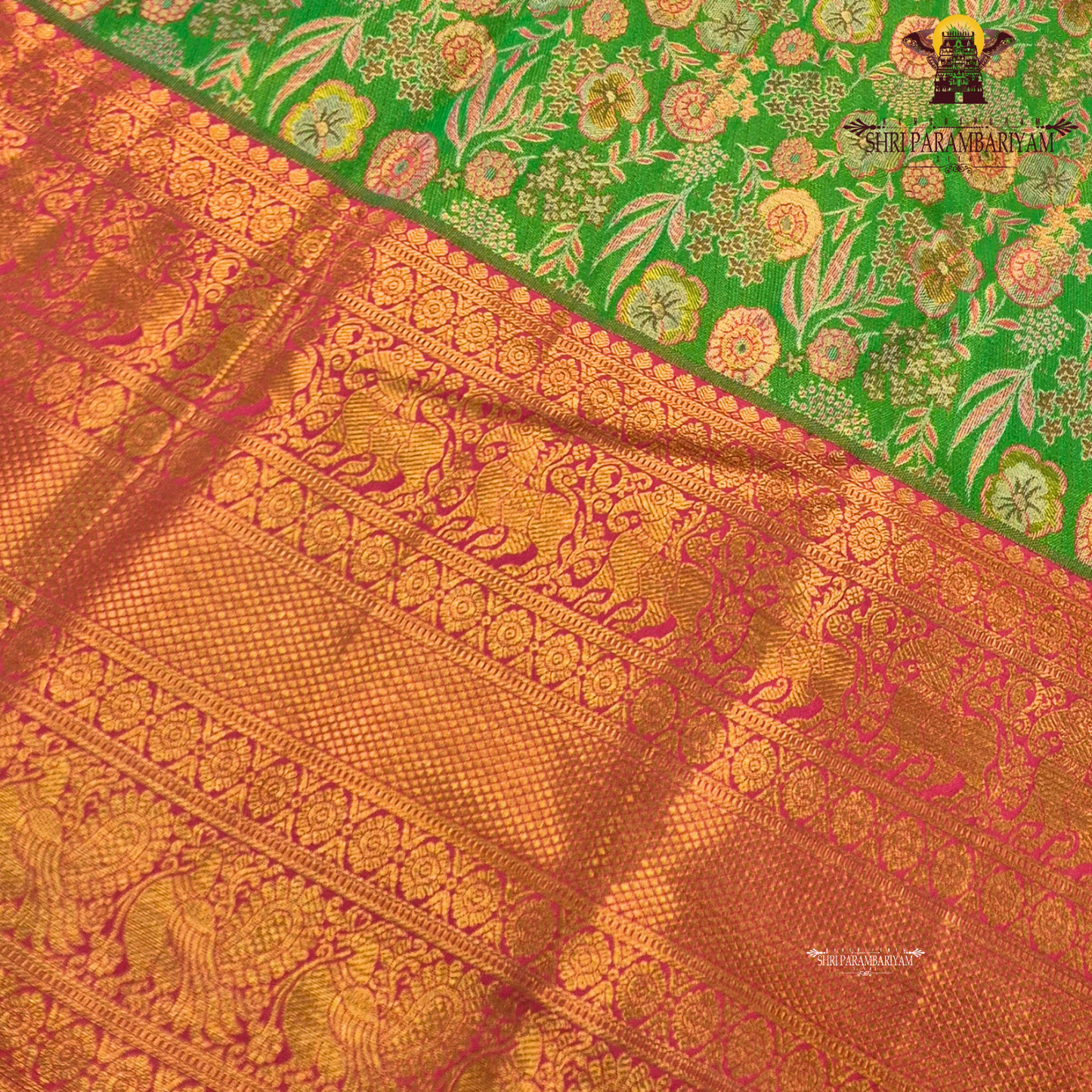 A vibrant rani pink tissue body paired with a contrasting parrot green border Saree