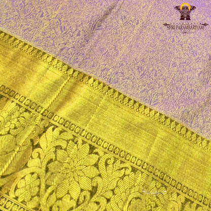 A beautiful pastel lavender (light purple with a rich antique gold zari border Saree