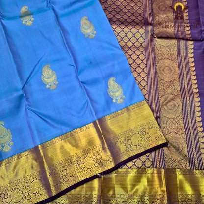 A rich Sky blue with a rich gold zari border and a contrasting royal purple edging Saree