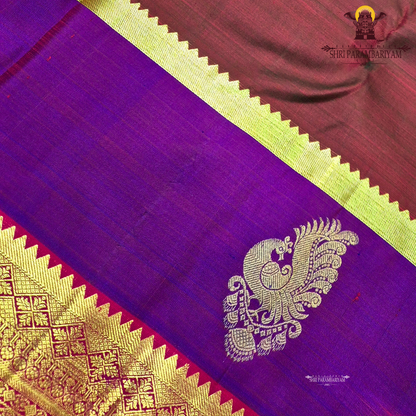 A classic tri-tone rusty maroon, royal purple, and deep pink (rani) Saree