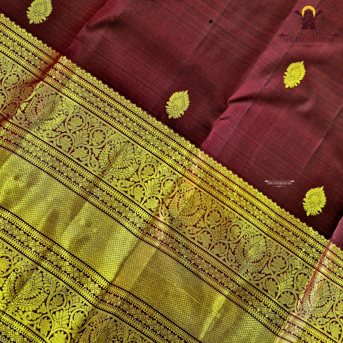 A rich wine maroon body with elegant gold zari butta Saree