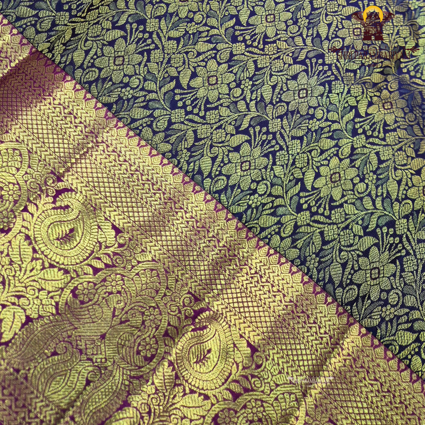 A rich black (or very deep navy) body with an opulent antique gold zari weave, paired with a contrasting rani pink Saree