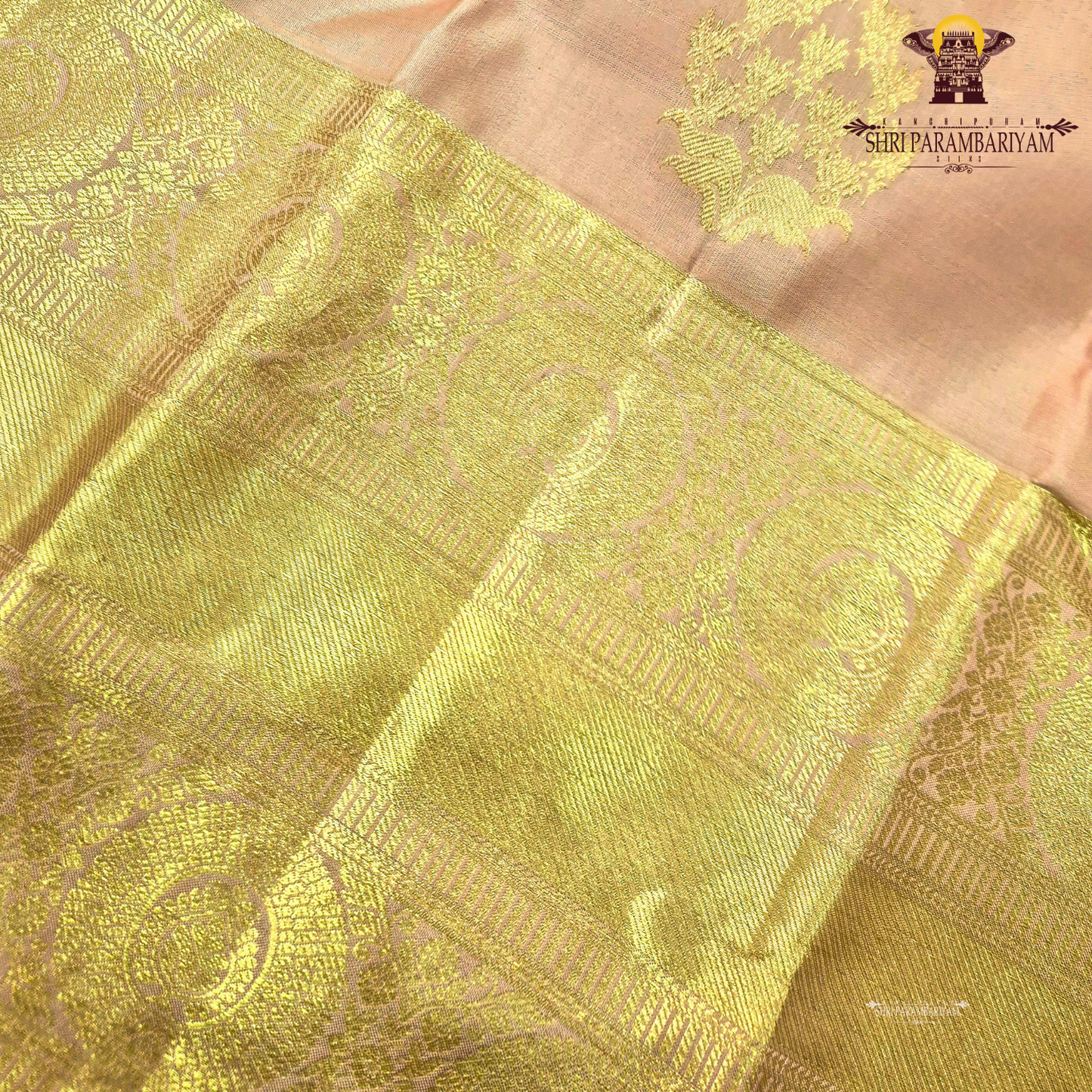 A elegant Soft Peach with Rich Gold Zari Saree