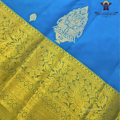 Vibrant royal blue with a rich gold zari border featuring a subtle green undertone Saree