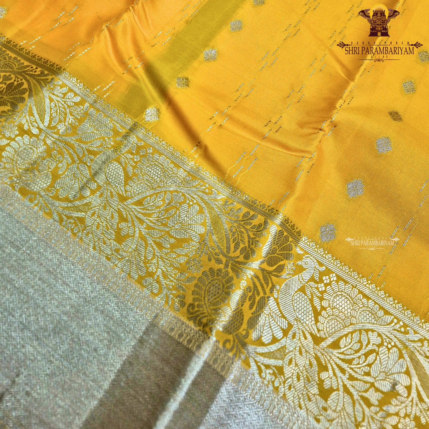 Rich mustard yellow / golden yellow with elegant silver zari Saree