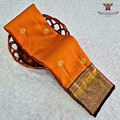 A radiant burnt orange body adorned with subtle gold zari Saree