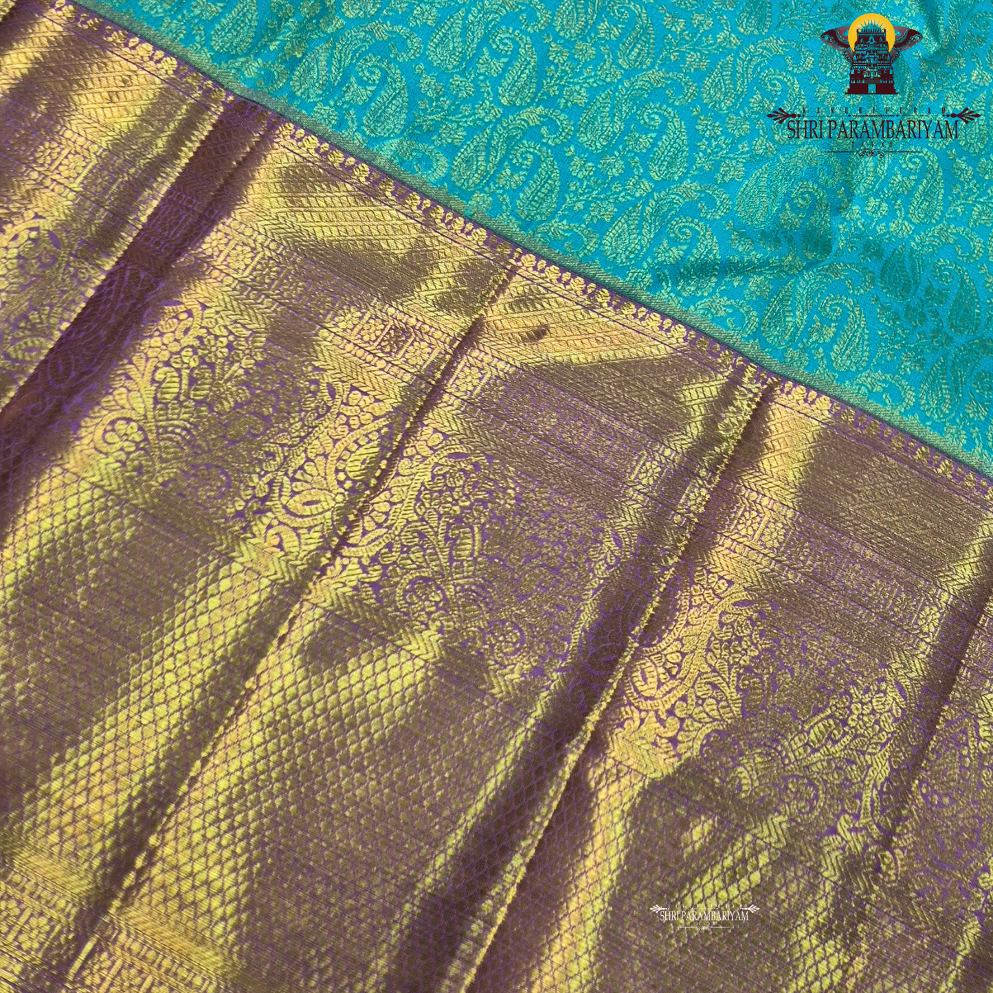 A rich turquoise blue (peacock blue) body, contrasted Saree