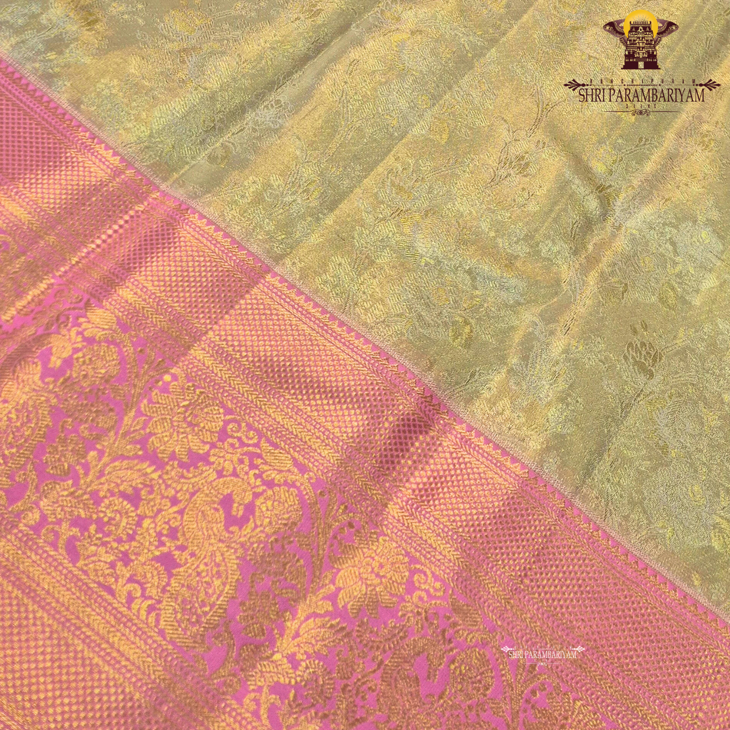 Champagne gold with pastel baby pink and rich golden zari Saree