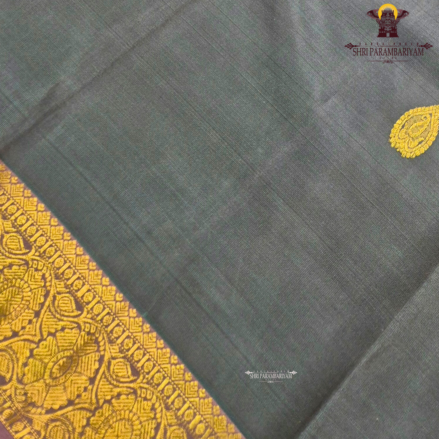 Elegant Dusty Green / Sage Green body with rich gold zari buttas, paired with a mustard gold zari 2-inch traditional border and subtle mauve selvedge edging Saree