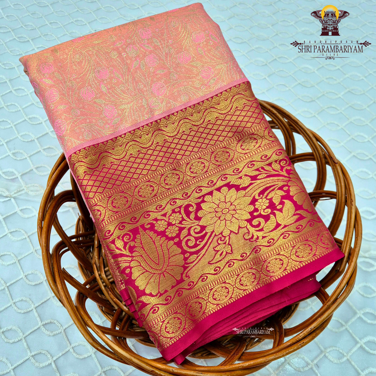 Peach pink with deep rani pink and rich golden zari Saree