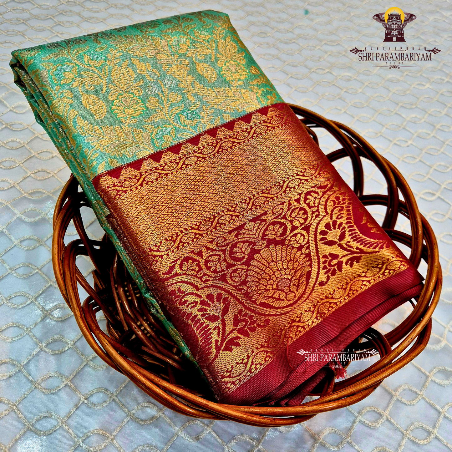 A rich sea green / aqua green Tissue Saree