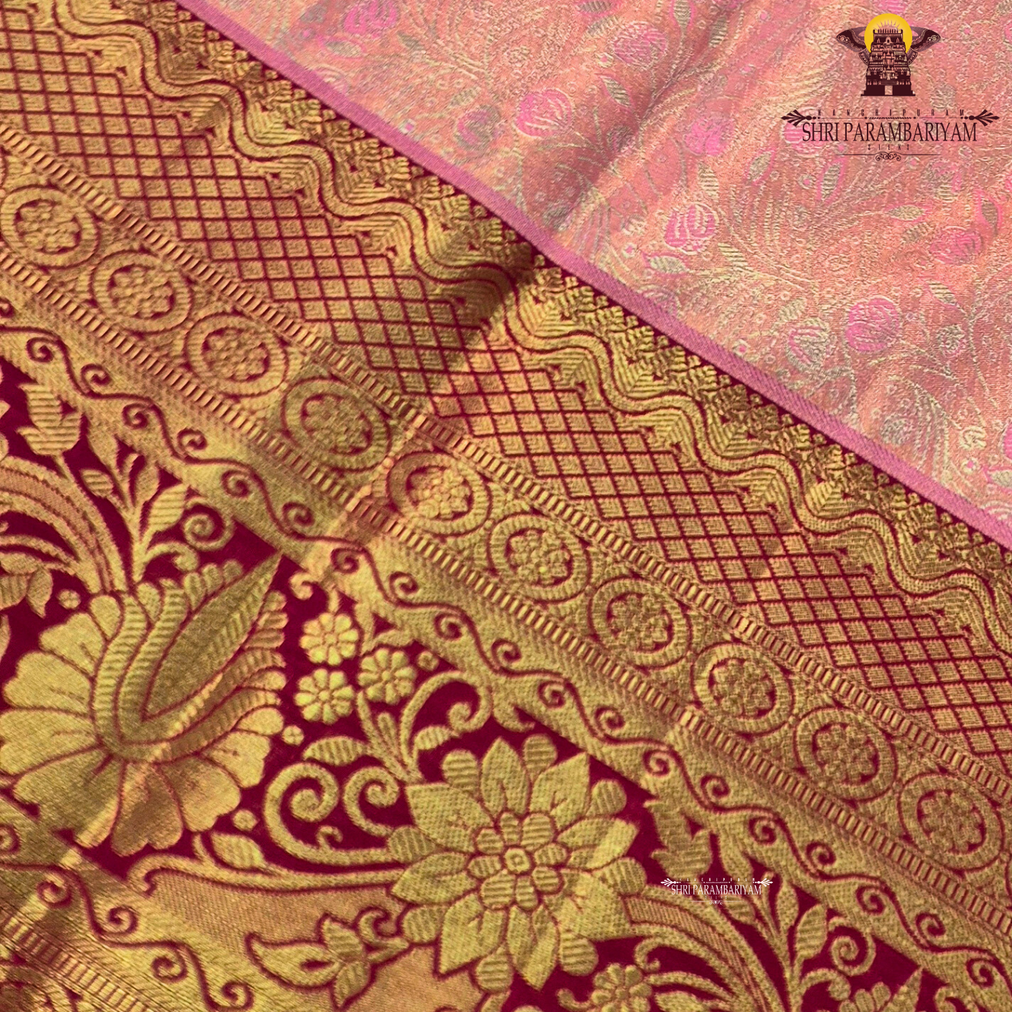 Peach pink with deep rani pink and rich golden zari Saree