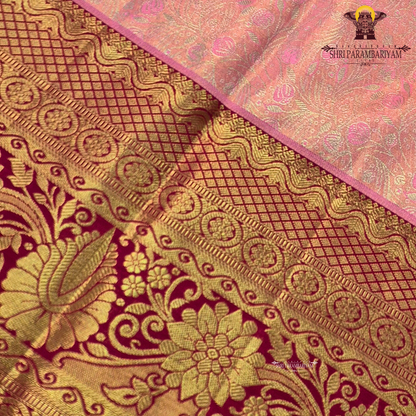 Peach pink with deep rani pink and rich golden zari Saree