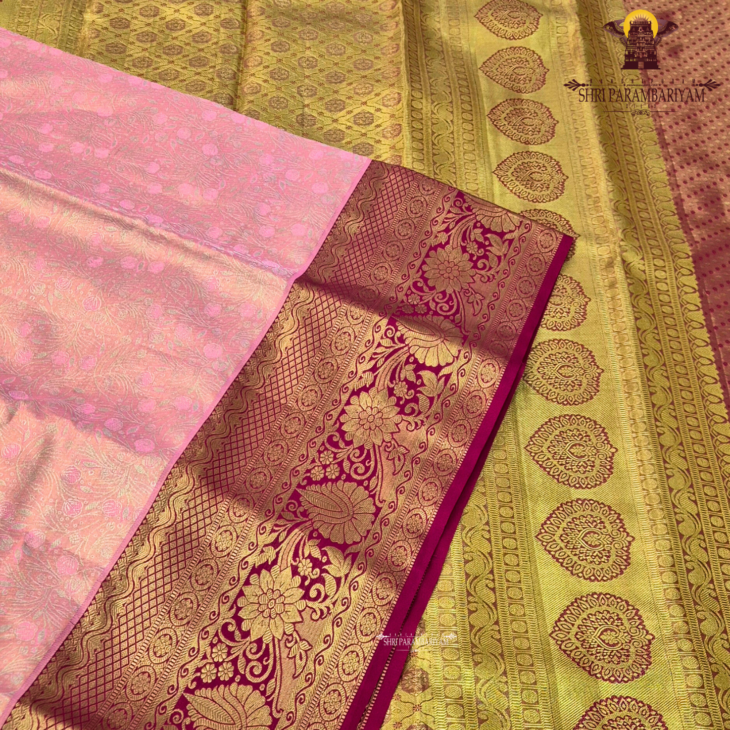 Peach pink with deep rani pink and rich golden zari Saree