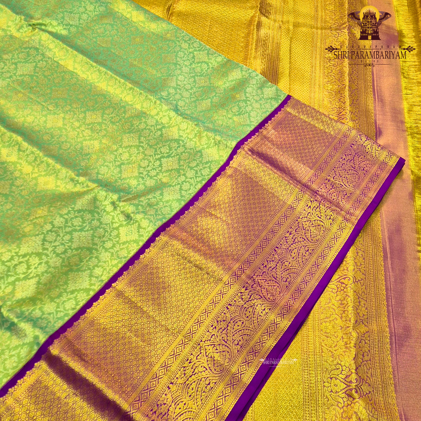 A pastel mint green body and a rich royal purple border Saree