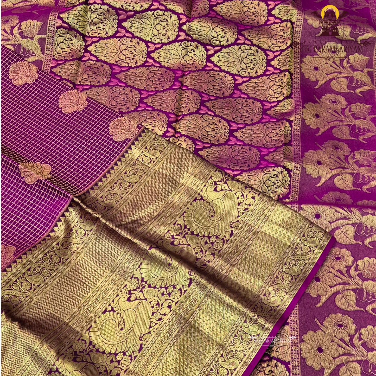 A luxurious antique gold body with a rich deep magenta / rani pink Saree