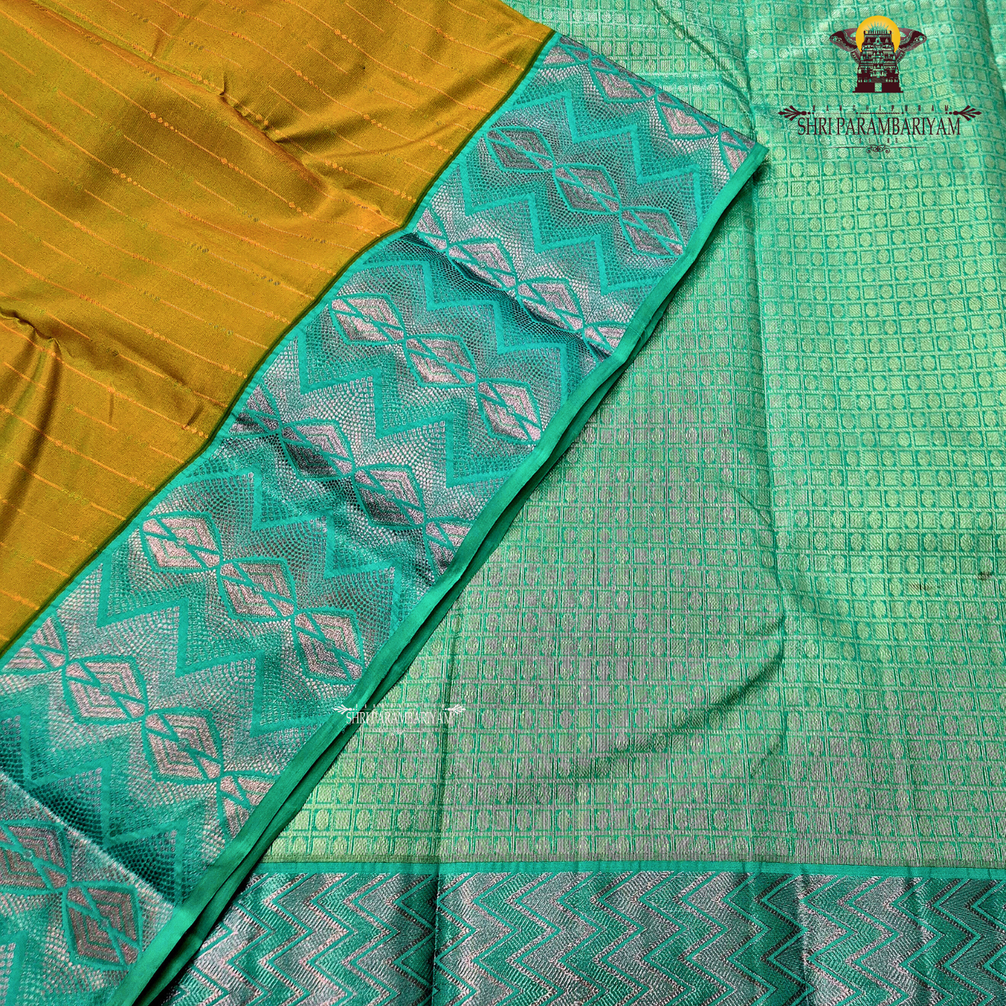 Olive Green Body with Aqua Blue Contrast Border Saree