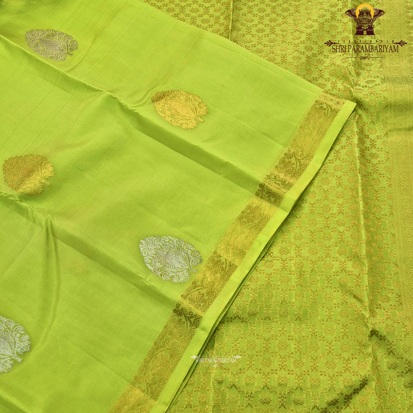 Bright parrot green (leaf green) shade with a subtle sheen Saree