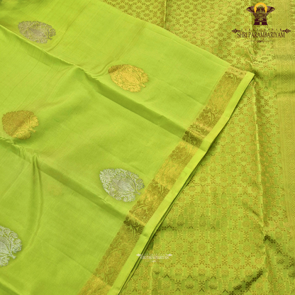 Bright parrot green (leaf green) shade with a subtle sheen Saree