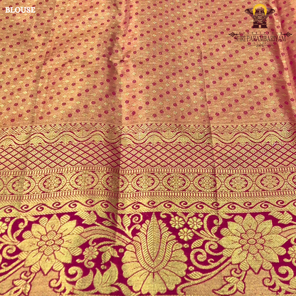 Peach pink with deep rani pink and rich golden zari Saree