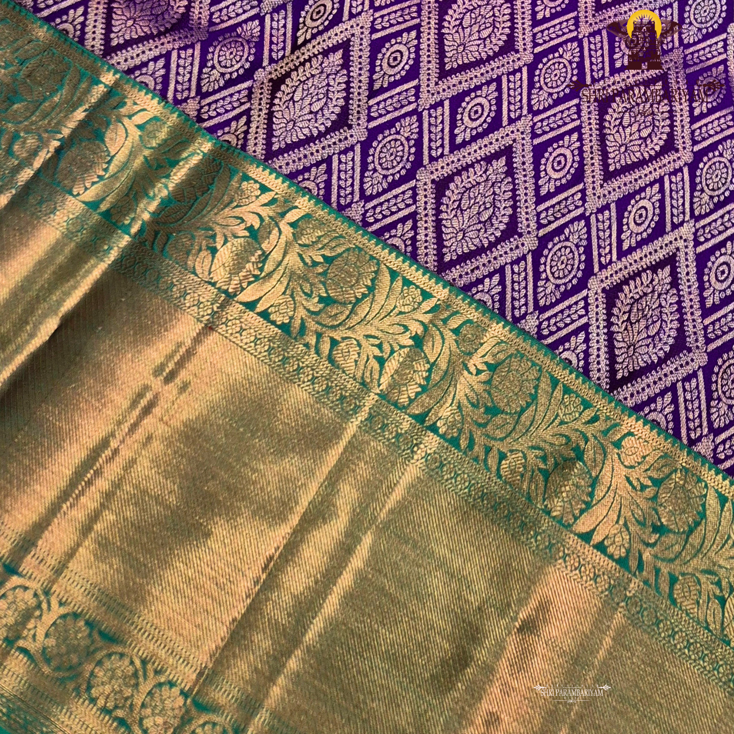 A rich royal purple body, paired with a contrasting emerald green korvai border Saree