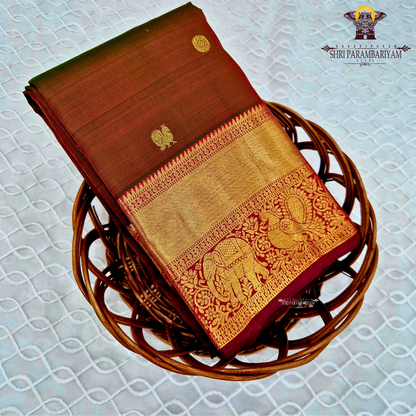 A rich copper brown dual shade color with a subtle maroon undertone Saree
