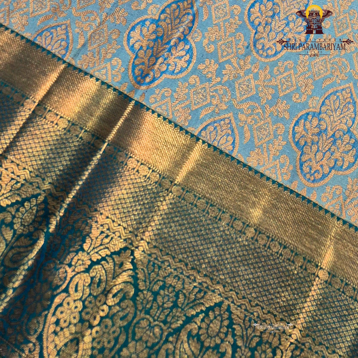 A soft pastel sky blue body, complemented by a contrasting teal blue korvai border Saree