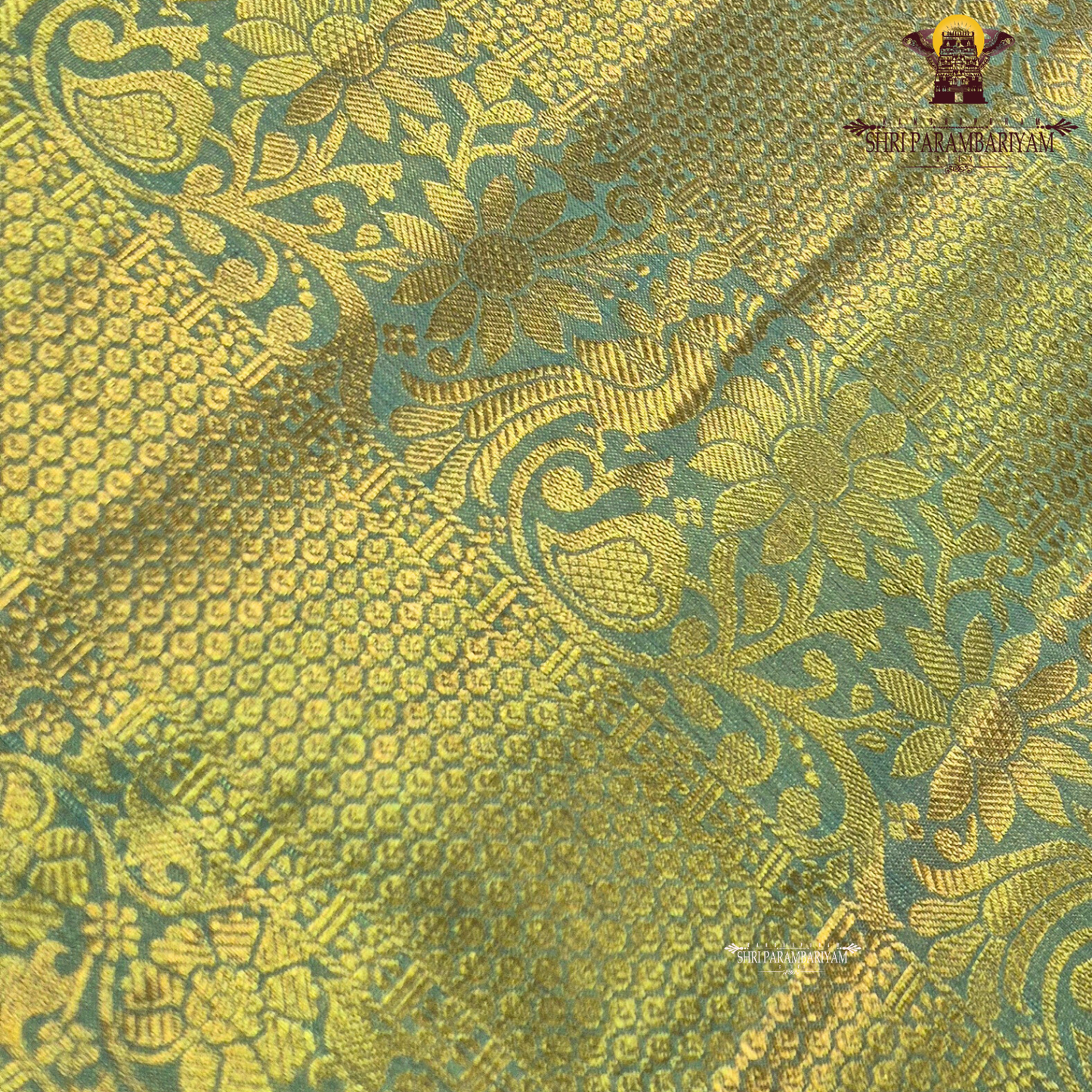 Pastel pista green with subtle aqua blue tones and rich golden zari Saree