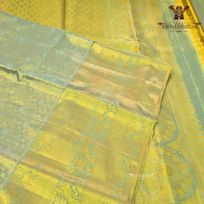 Pastel pista green with subtle aqua blue tones and rich golden zari Saree