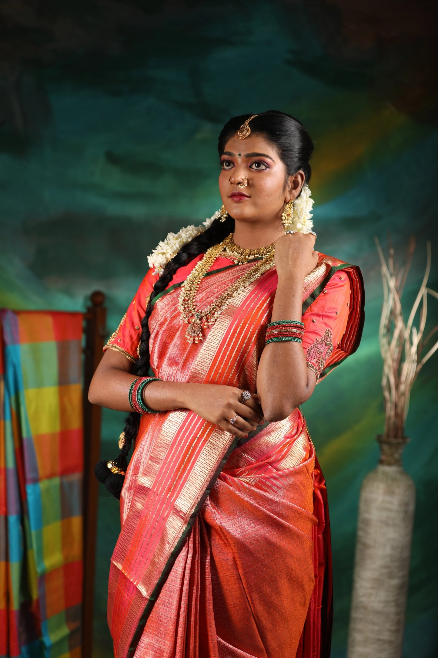 Traditional Coral Pink Silk Saree